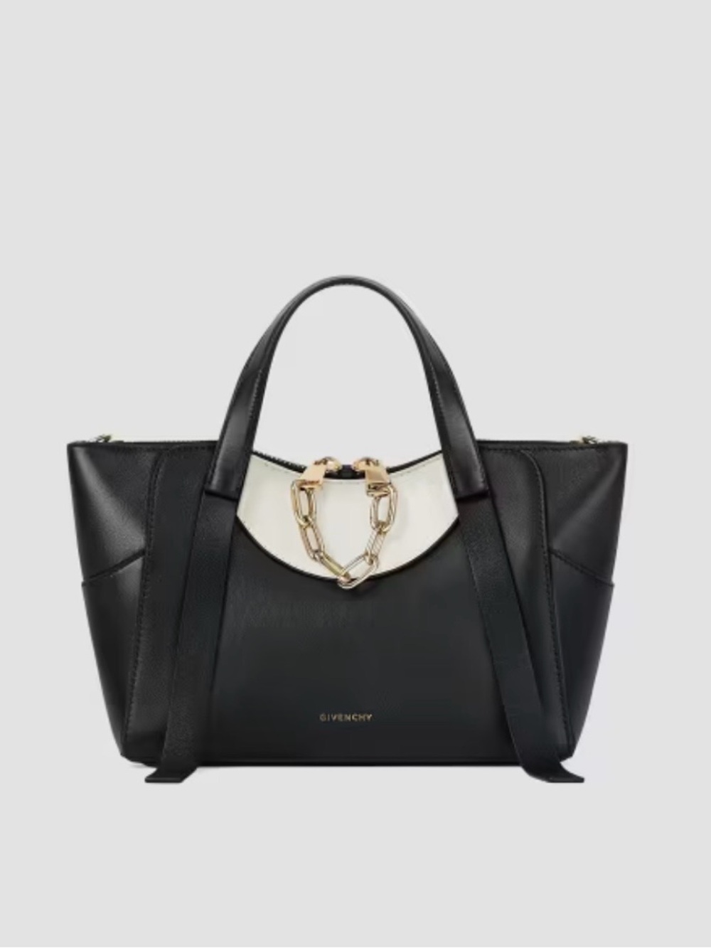 Givenchy Black and White Leather Tote with Gold Chain Accent